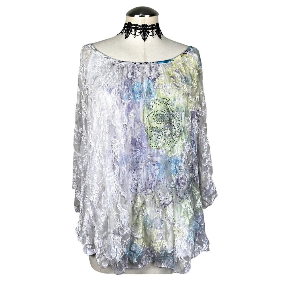 Vtg Y2K USA DressBarn Lace Rhinestone Floral Pastel Fairycore Butterfly Blouse